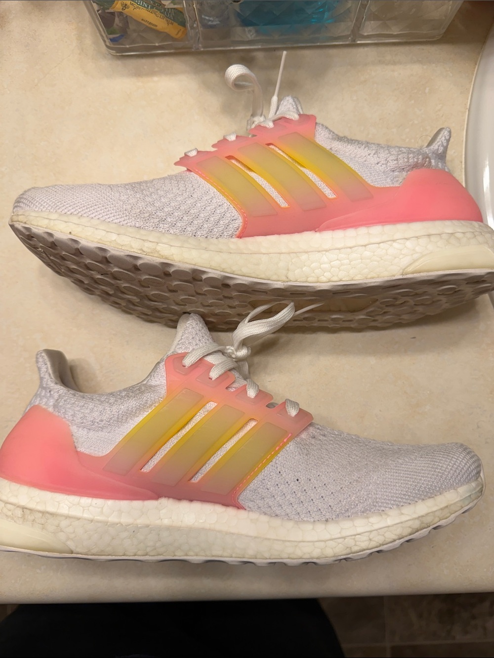adidas Women’s White Knit Sneakers with Pink and Yellow Accents